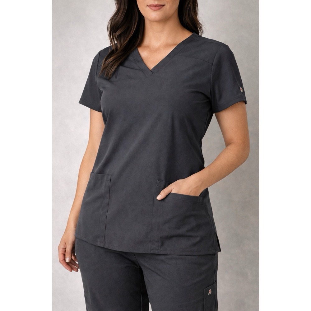 Dickies EDS Essentials Charcoal Scrub Top Women L V-Neck Medical Uniform Stretch